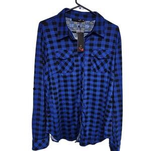 DJT Button Up Shirt Womens 2XL Black Blue Plaid Plus Size Stretch Casual Fall
